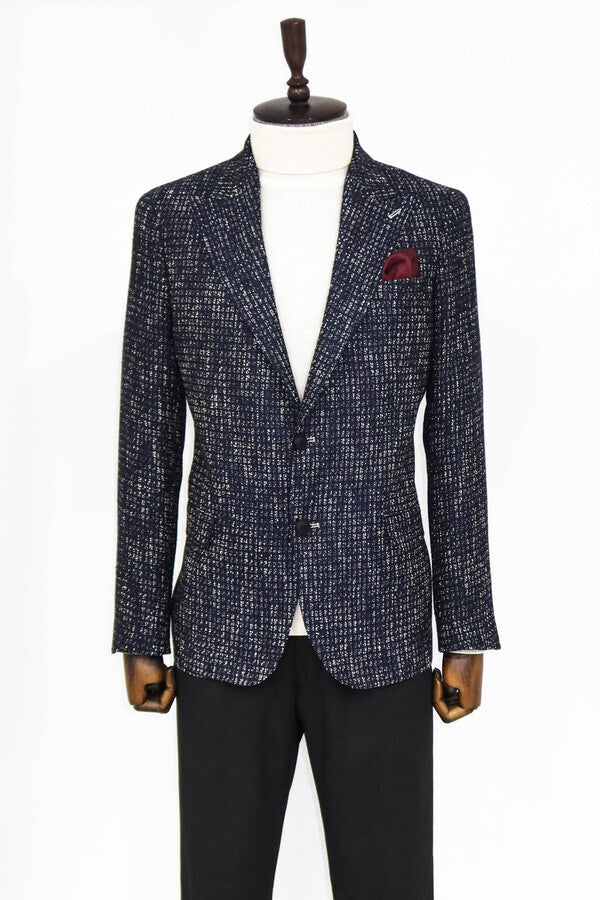 Slim Fit Patterned Sport Navy Blue Men Blazer - Wessi