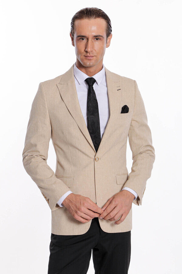 Slim-Fit Peak Lapel Beige Jacket - Wessi