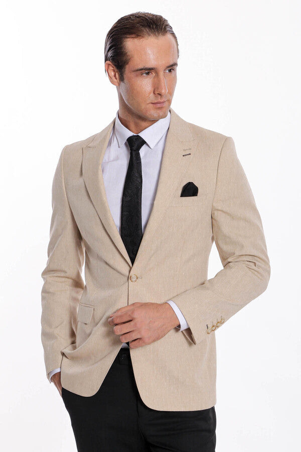 Slim-Fit Peak Lapel Beige Jacket - Wessi