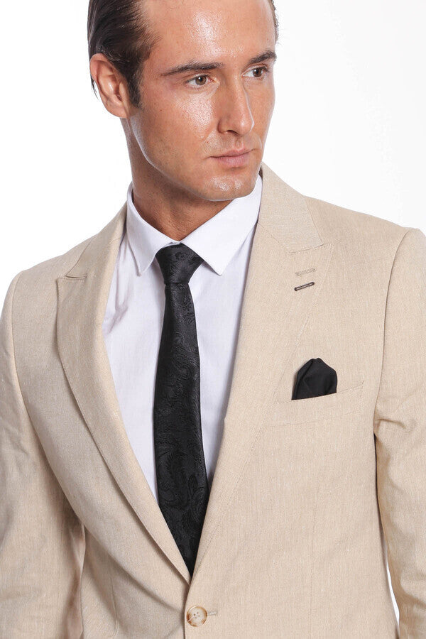 Slim-Fit Peak Lapel Beige Jacket - Wessi