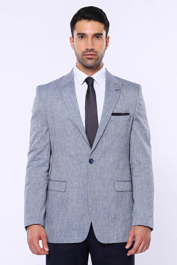 Slim-Fit Peak Lapel Blue Jacket - Wessi