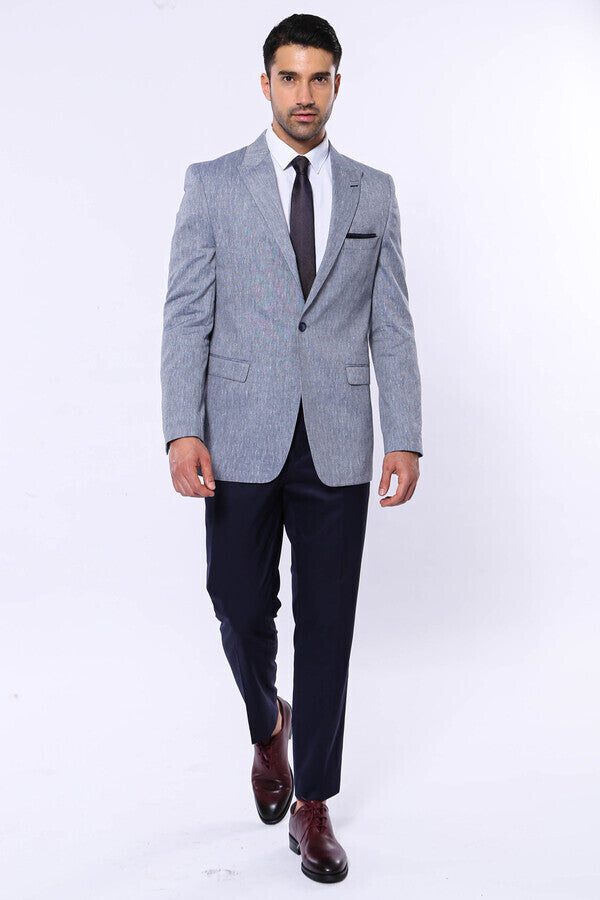 Slim-Fit Peak Lapel Blue Jacket - Wessi