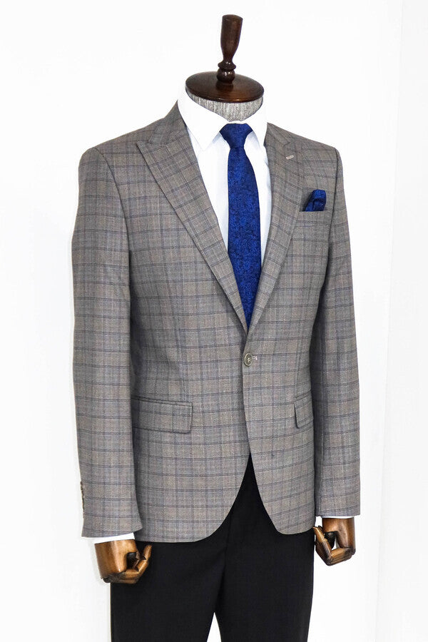 Slim Fit Peak Lapel Checked Grey Men Blazer - Wessi