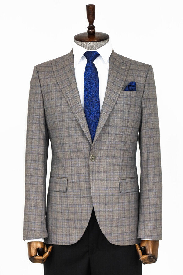 Slim Fit Peak Lapel Checked Grey Men Blazer - Wessi