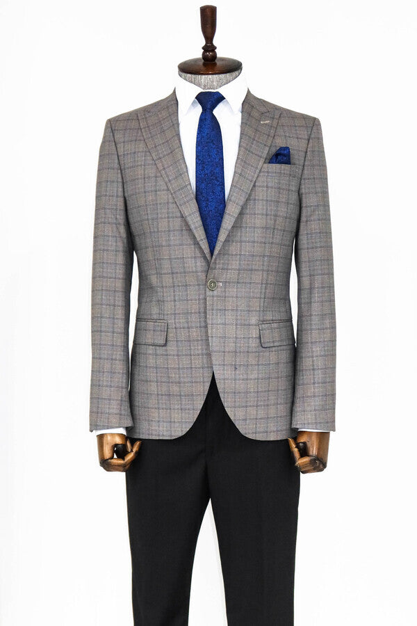 Slim Fit Peak Lapel Checked Grey Men Blazer - Wessi