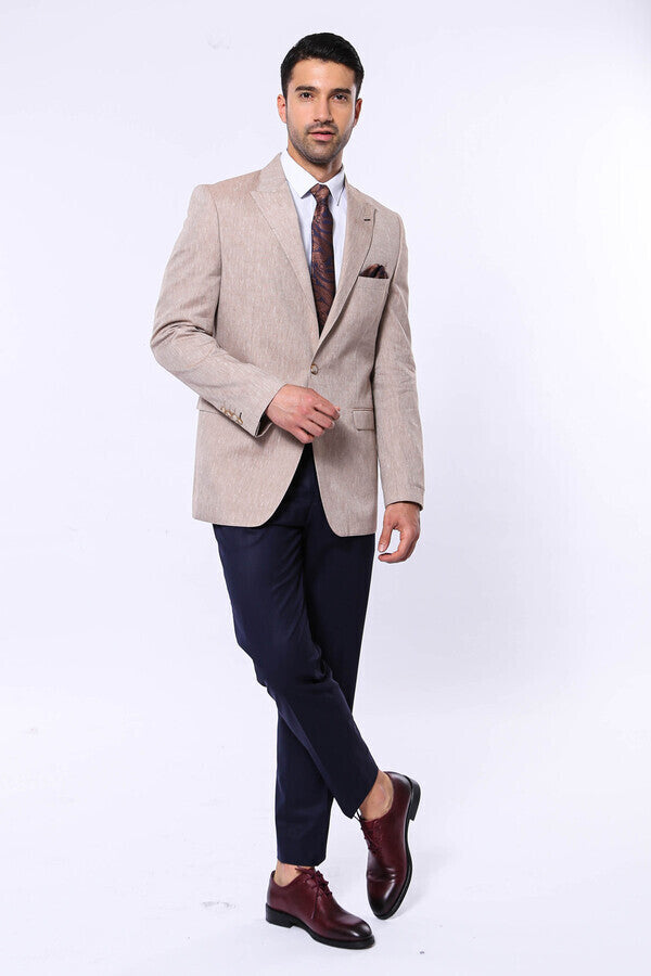 Slim-Fit Peak Lapel Light Brown Jacket - Wessi