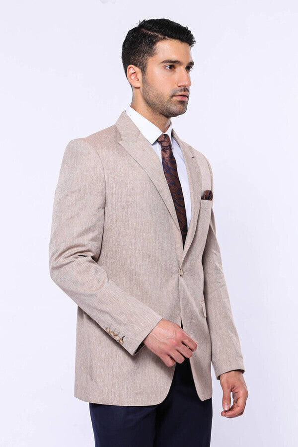 Slim-Fit Peak Lapel Light Brown Jacket - Wessi