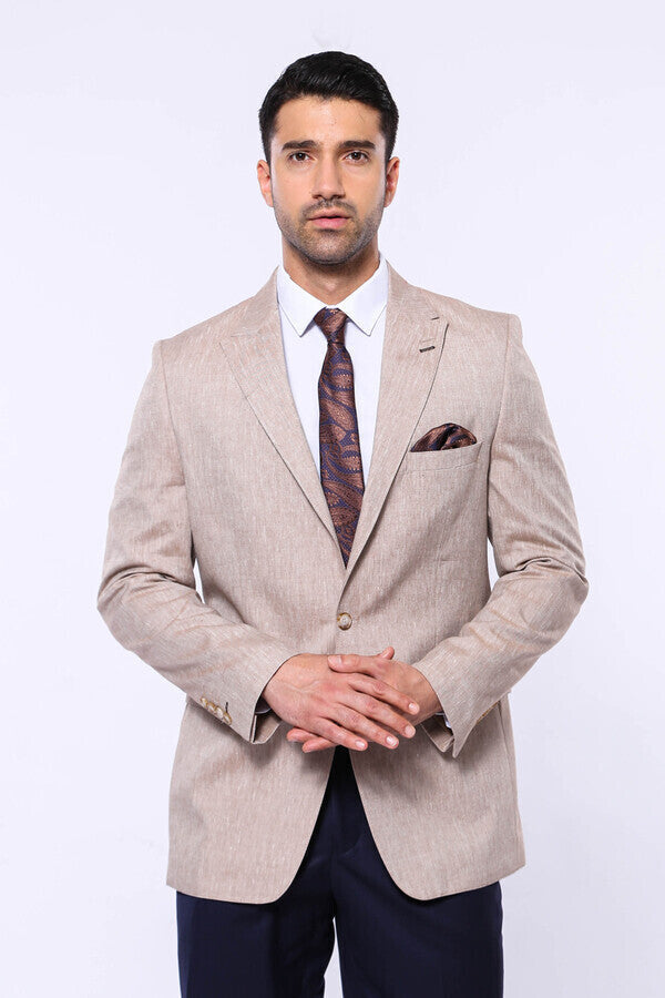 Slim-Fit Peak Lapel Light Brown Jacket - Wessi