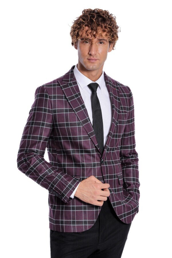 Slim Fit Peak Lapel Purple Men Blazer - Wessi