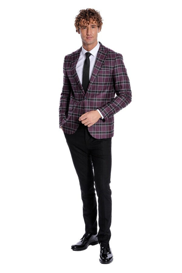 Slim Fit Peak Lapel Purple Men Blazer - Wessi