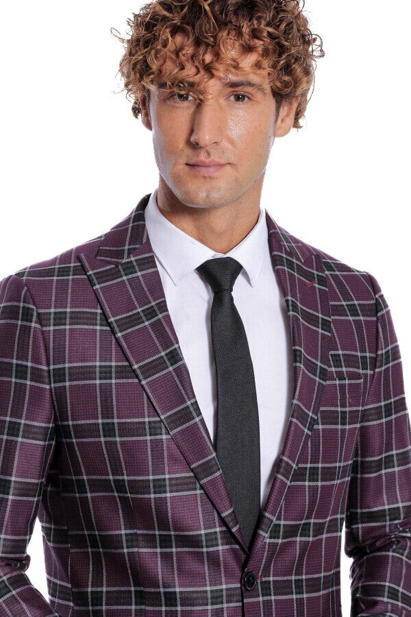 Slim Fit Peak Lapel Purple Men Blazer - Wessi