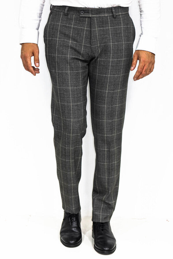 Slim Fit Plaid Anthracite Men Pants - Wessi