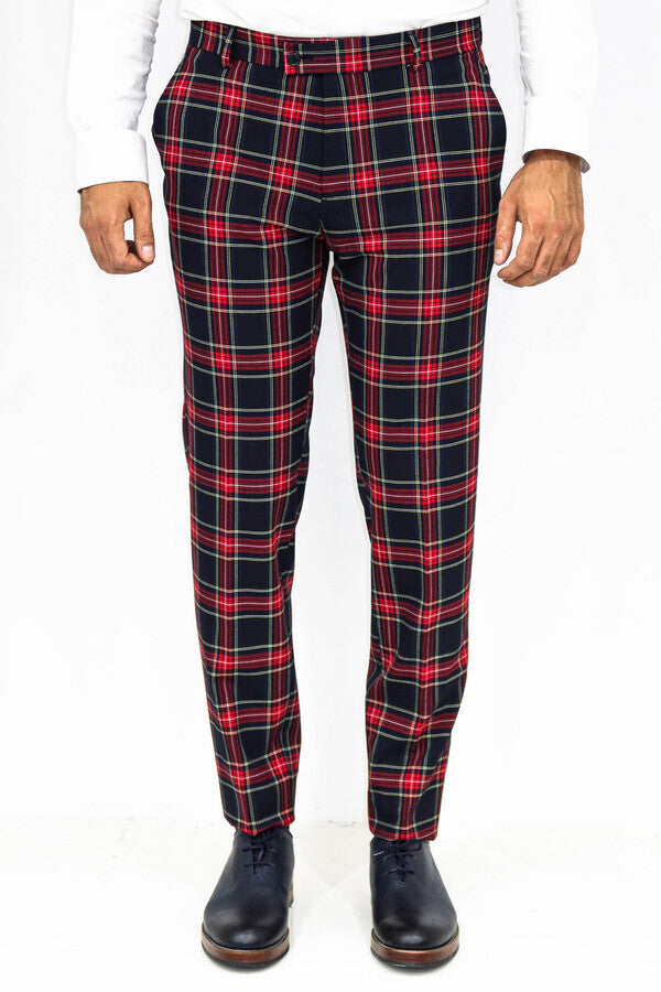 Slim Fit Plaid Men Navy Blue Pants - Wessi