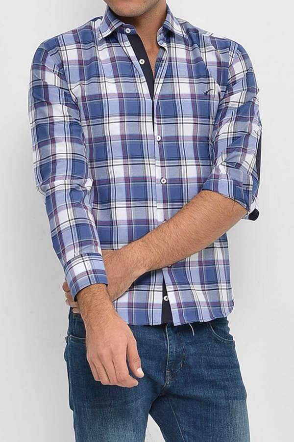 Slim Fit Plaid Patterned Navy Blue Shirt - Wessi