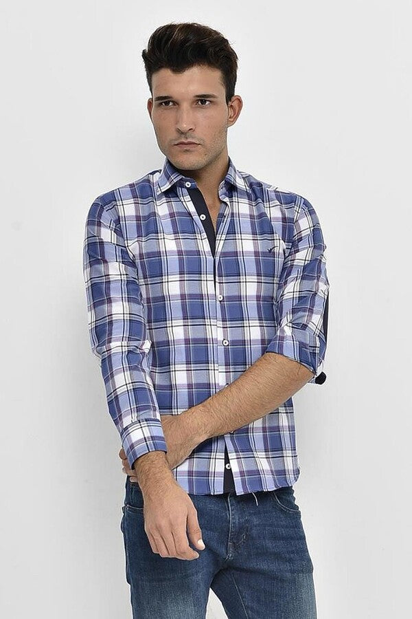 Slim Fit Plaid Patterned Navy Blue Shirt - Wessi