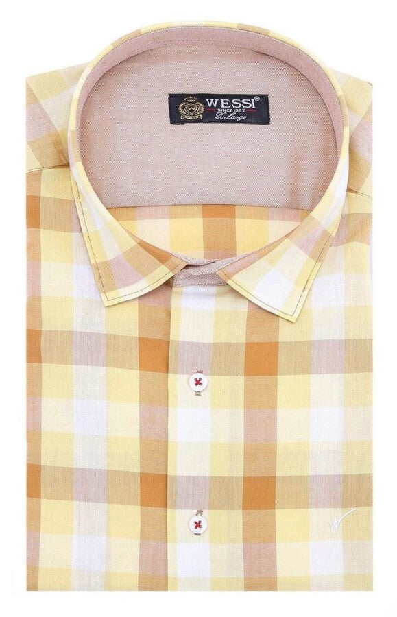 Slim Fit Plaid Patterned Yellow Shirt - Wessi