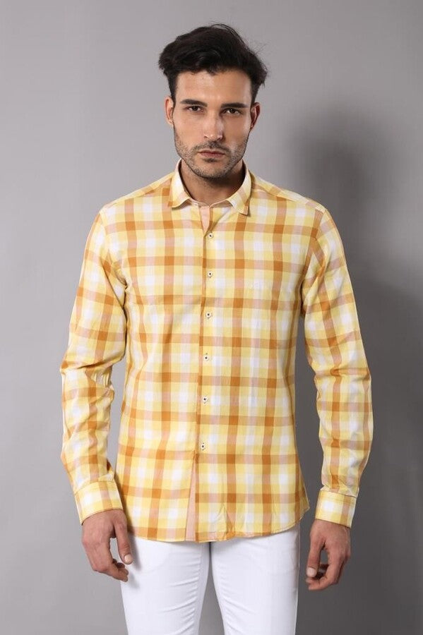 Slim Fit Plaid Patterned Yellow Shirt - Wessi