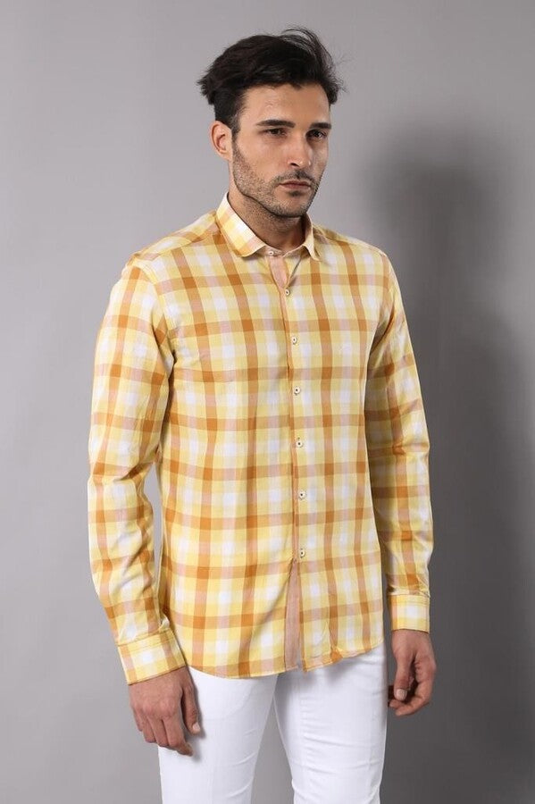 Camisa amarilla con estampado de cuadros y corte entallado - Wessi