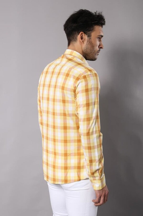 Slim Fit Plaid Patterned Yellow Shirt - Wessi