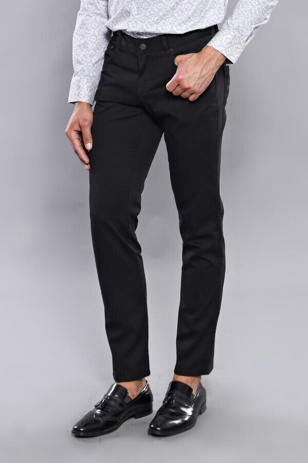 Slim Fit Plain 5 Pockets Black Men Pants - Wessi