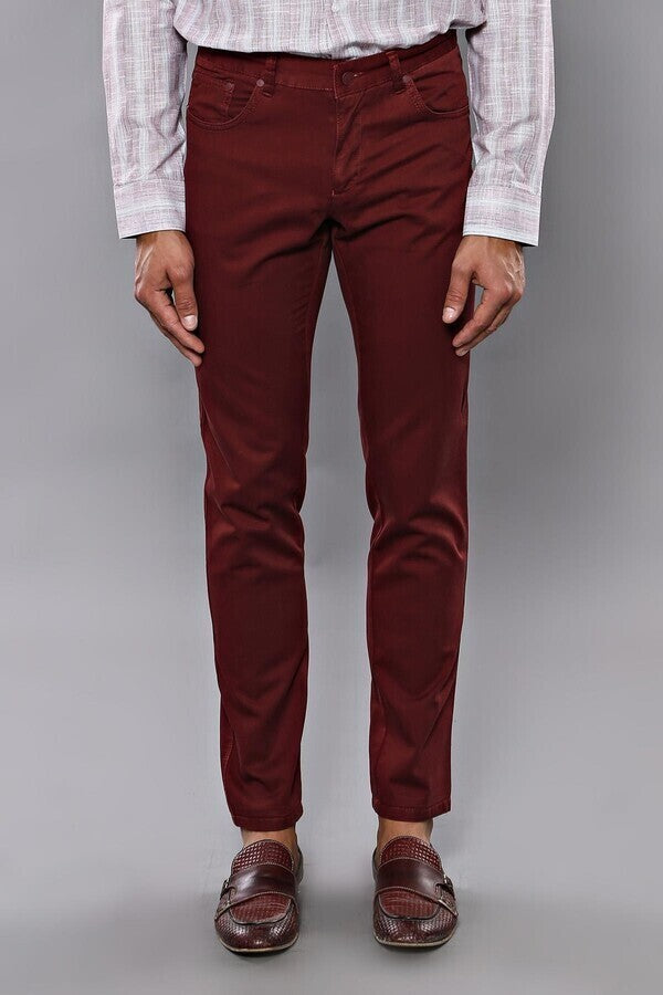 Slim Fit Plain 5 Pockets Burgundy Men Pants - Wessi