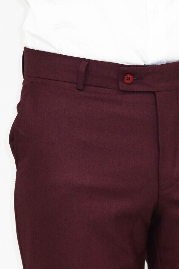 Slim Fit Plain Burgundy Men Pants - Wessi