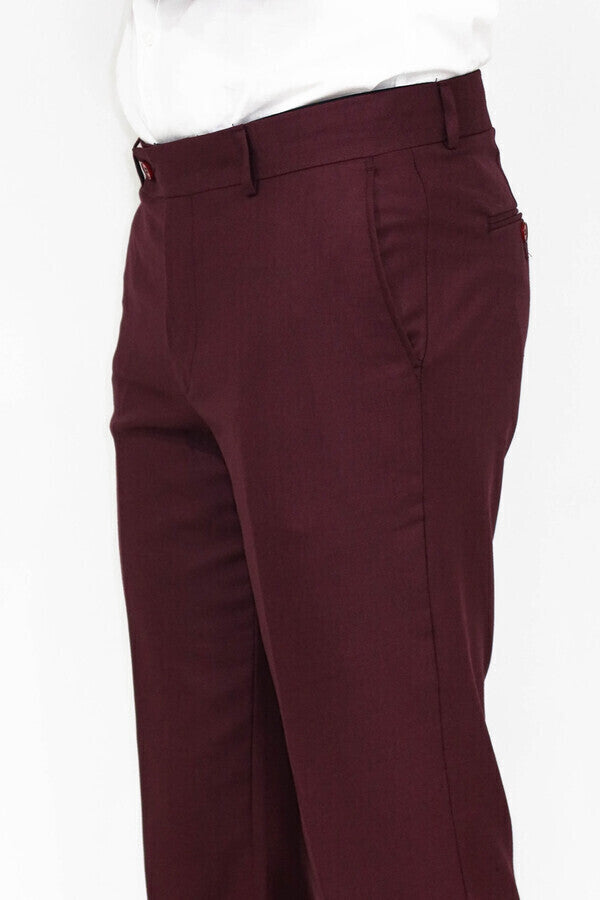 Slim Fit Plain Burgundy Men Pants - Wessi