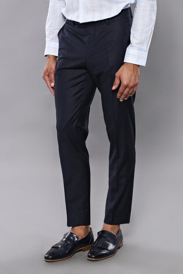 Slim Fit Plain Navy Blue Men Trousers - Wessi