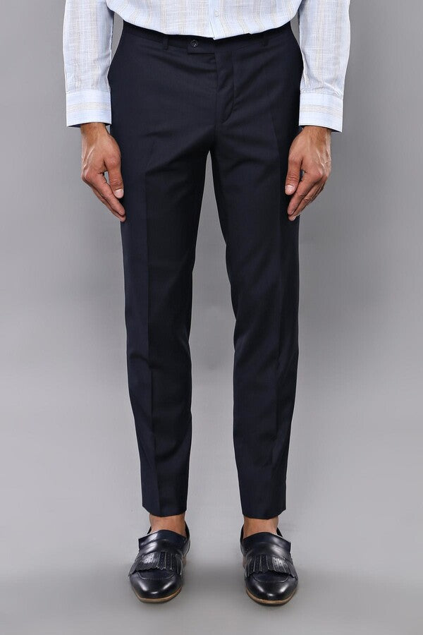 Slim Fit Plain Navy Blue Men Trousers - Wessi