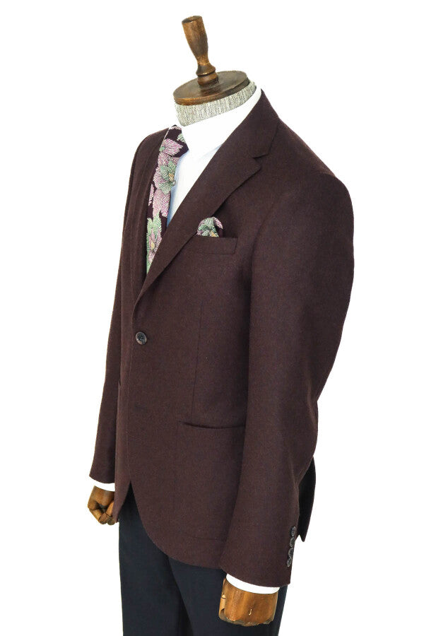 Slim Fit Plain Wide Lapel Burgundy Men Wool Blazer - Wessi