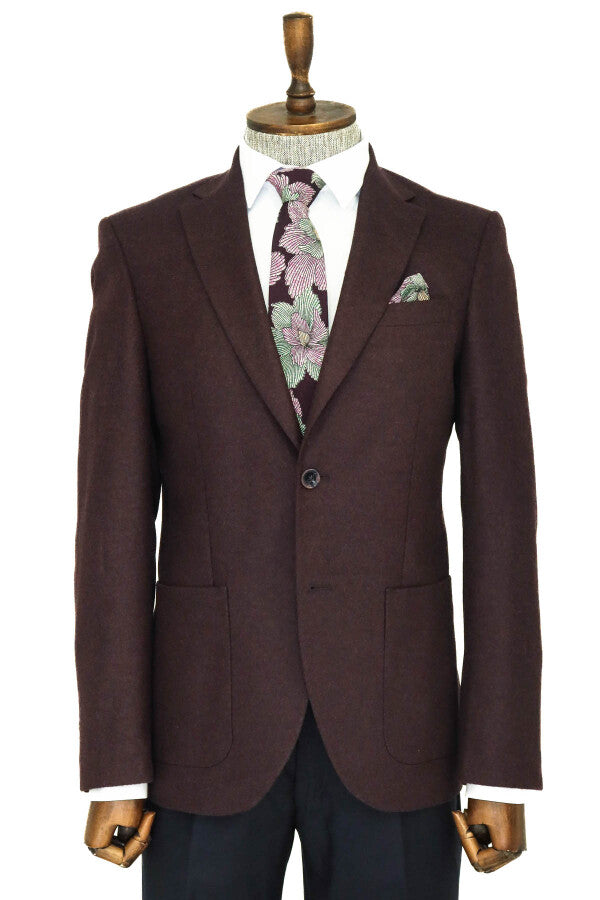 Slim Fit Plain Wide Lapel Burgundy Men Wool Blazer - Wessi