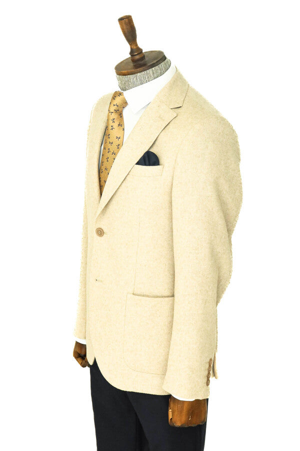 Slim Fit Plain Wide Lapel Cream Men Wool Blazer - Wessi