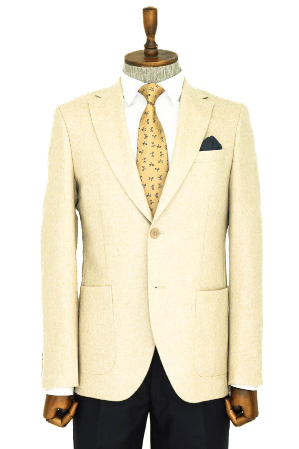 Slim Fit Plain Wide Lapel Cream Men Wool Blazer - Wessi