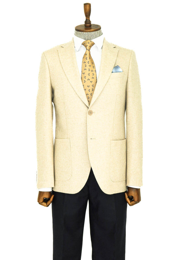 Blazer de lana color crema para hombre, corte entallado, liso, con solapas anchas - Wessi