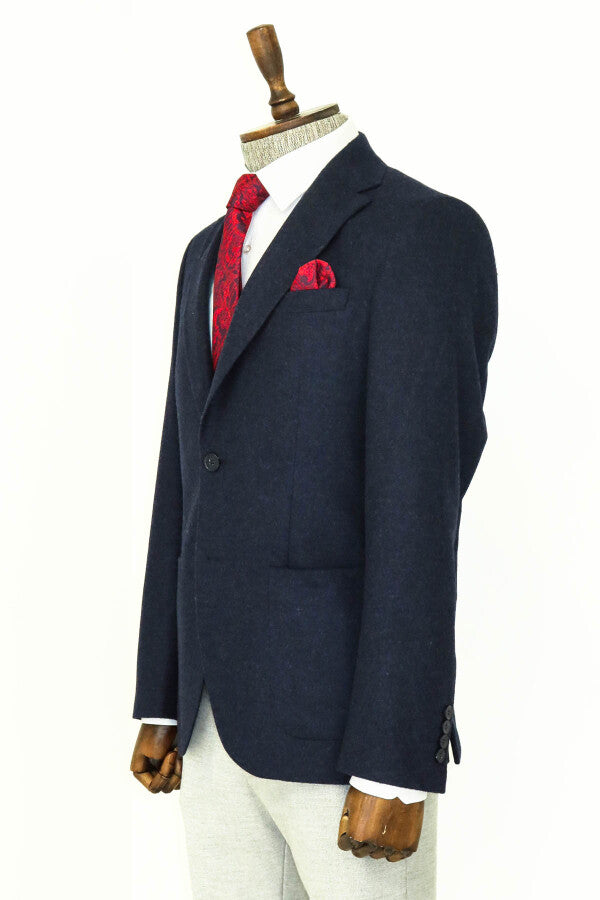 Blazer de lana azul marino para hombre, corte entallado, liso, con solapas anchas - Wessi