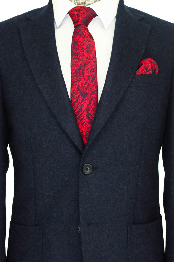 Slim Fit Plain Wide Lapel Navy Blue Men Wool Blazer - Wessi