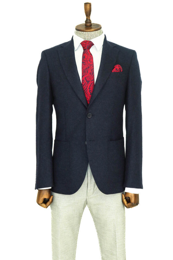 Blazer de lana azul marino para hombre, corte entallado, liso, con solapas anchas - Wessi