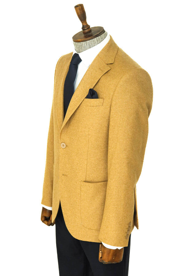 Slim Fit Plain Wide Lapel Tan Men Wool Blazer - Wessi