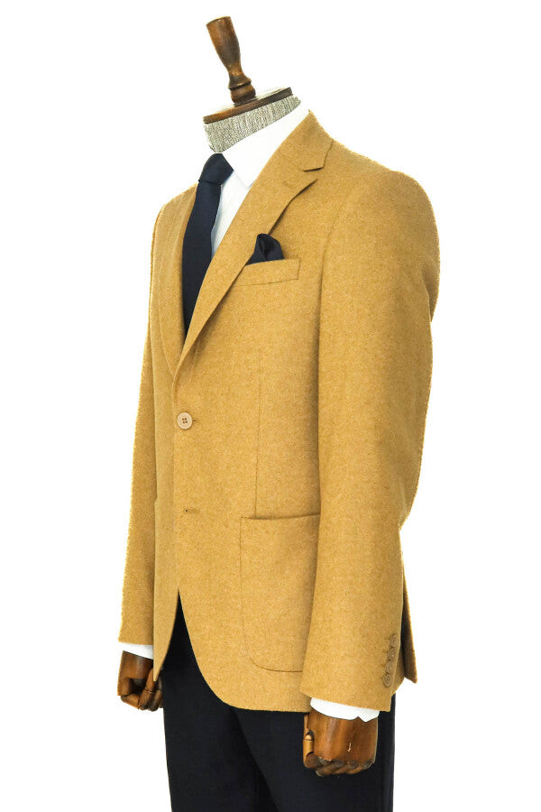 Slim Fit Plain Wide Lapel Tan Men Wool Blazer - Wessi