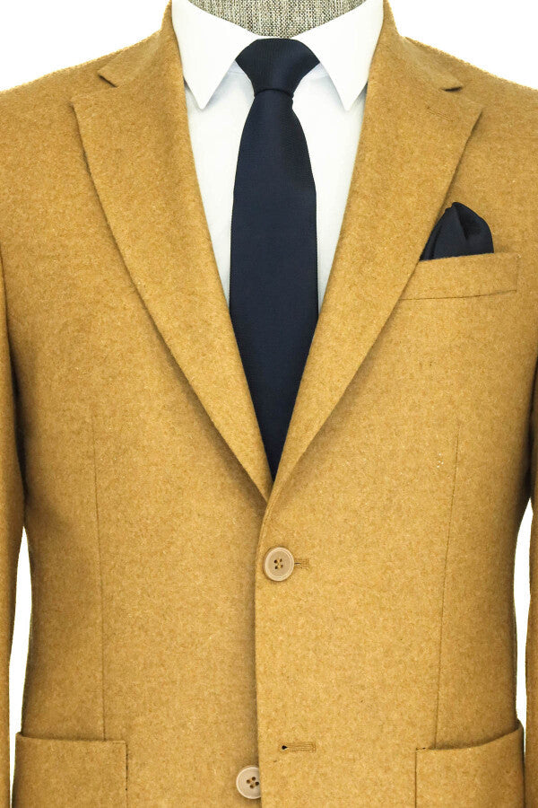 Slim Fit Plain Wide Lapel Tan Men Wool Blazer - Wessi