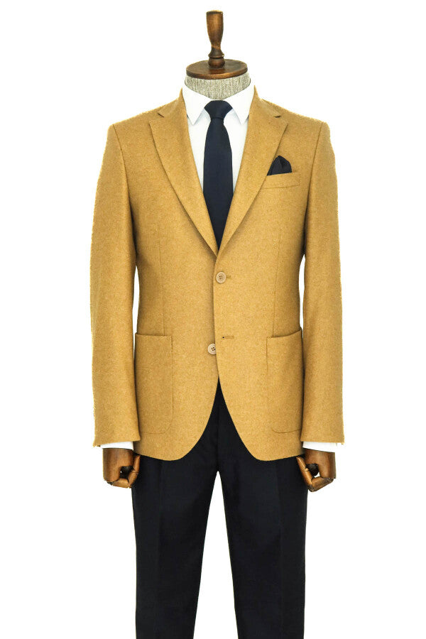 Slim Fit Plain Wide Lapel Tan Men Wool Blazer - Wessi