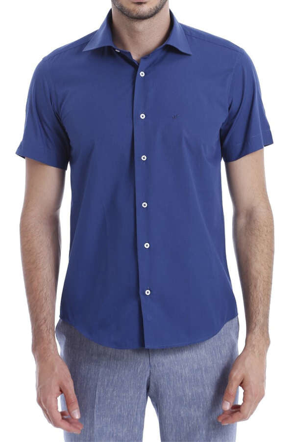 Camisa de hombre azul marino de algodón y poliamida de manga corta y corte entallado - Wessi