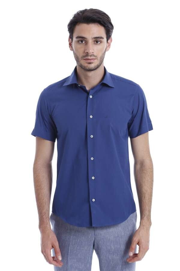 Slim Fit Short Sleeve Poly Cotton Navy Blue Men Shirt - Wessi