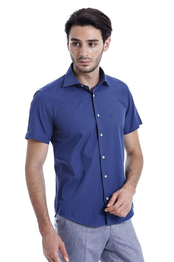 Slim Fit Short Sleeve Poly Cotton Navy Blue Men Shirt - Wessi
