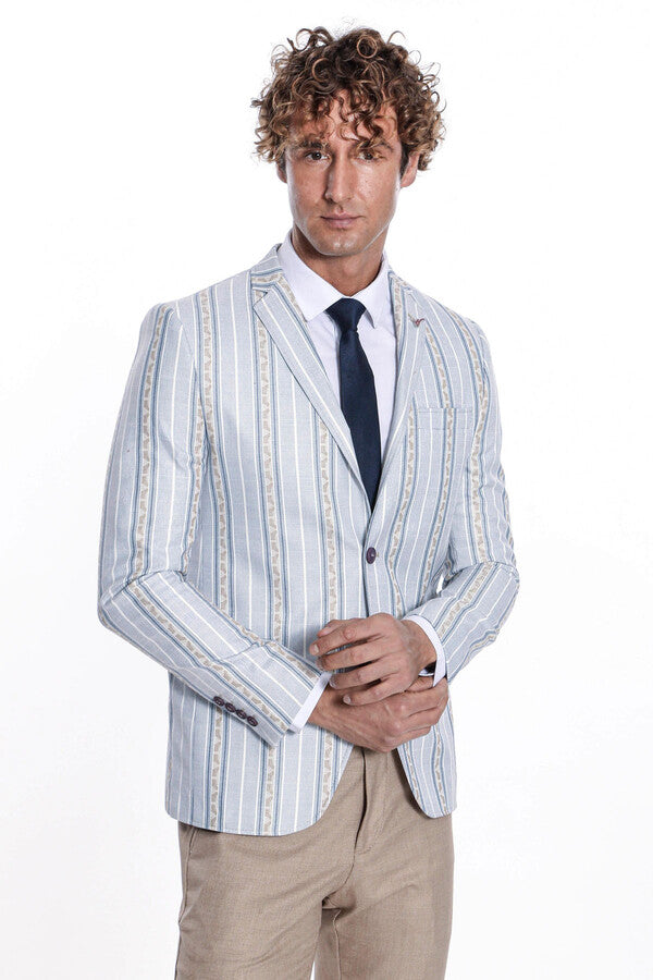 Slim Fit Striped Blue Men Blazer - Wessi