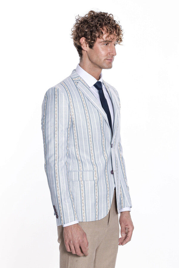 Slim Fit Striped Blue Men Blazer - Wessi