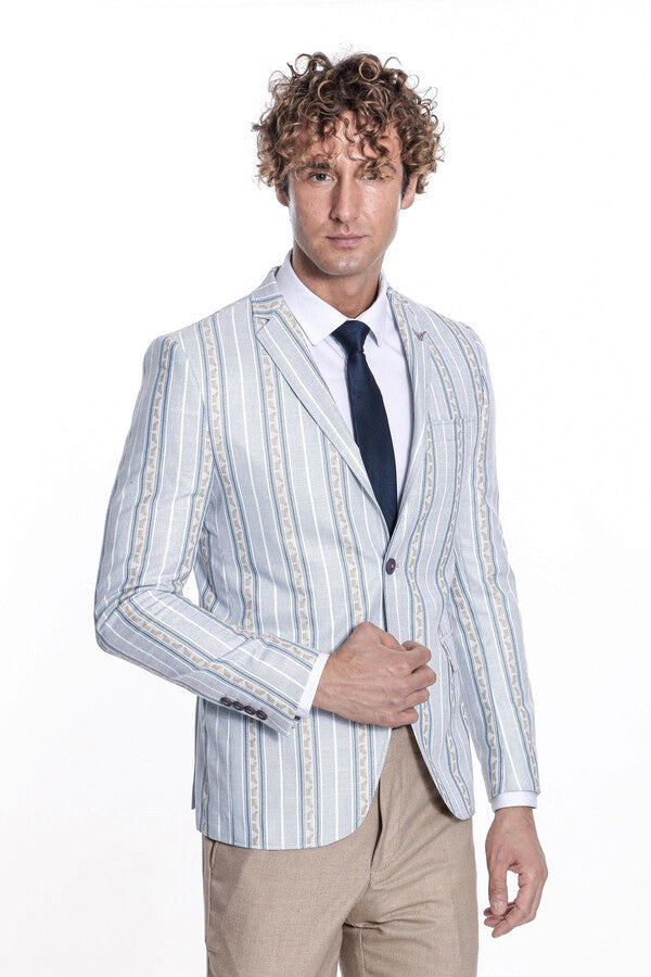 Slim Fit Striped Blue Men Blazer - Wessi