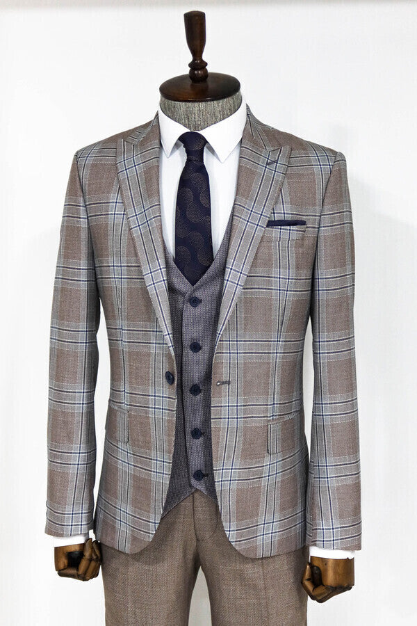 Slim Fit Vested Light Brown Men Suit - Wessi