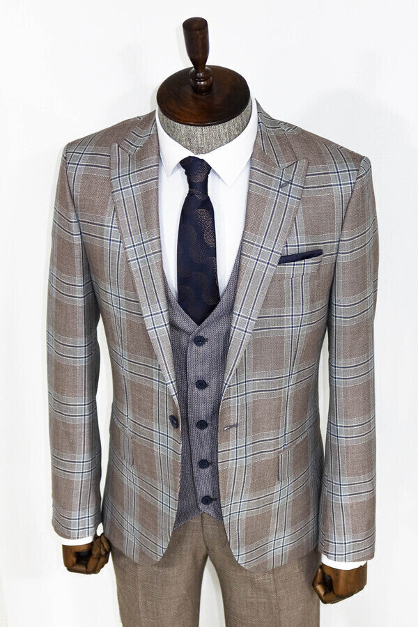 Slim Fit Vested Light Brown Men Suit - Wessi