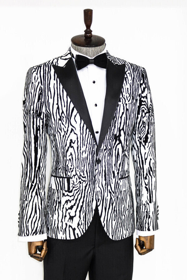 Slim Fit Zebra Patterned White Men Prom Blazer - Wessi